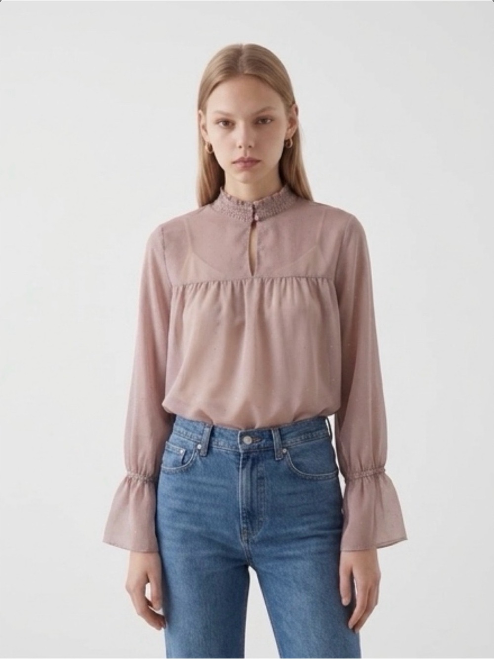 Amethyst Purple Metallic Gold Sheer Blouse High Neck Bell Sleeve NWT Small